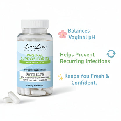 LuLu Harmony Boric Acid Vaginal Suppositories – 600mg | pH Balance Support, Freshness & Recurrence Prevention (30 Count)